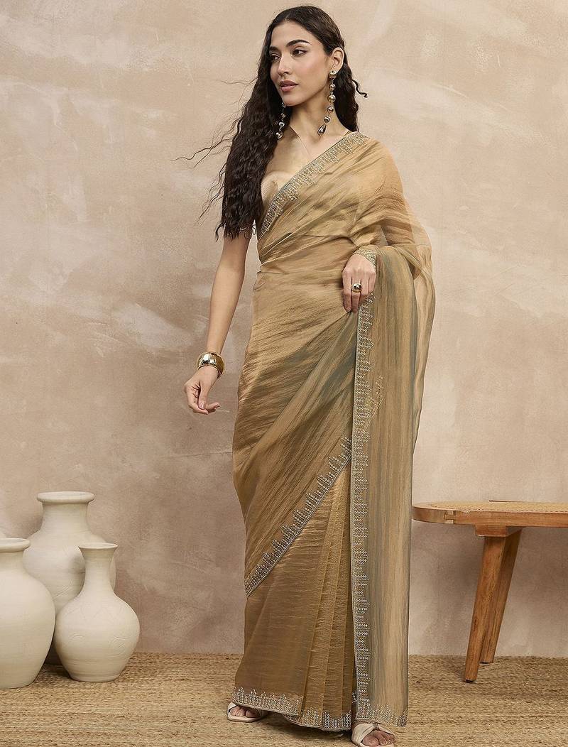 Beige organza designer saree