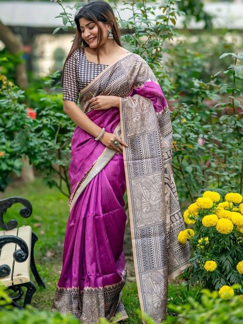 Purple  madhubani magenta sarees