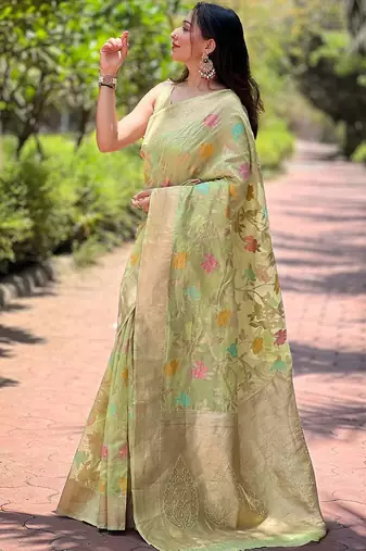 Green woven design zari silk blend banarasi saree