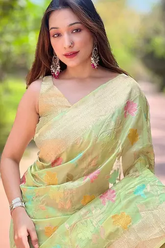 Green woven design zari silk blend banarasi saree