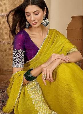 Yellow embellished embroidered poly chiffon heavy work saree 1