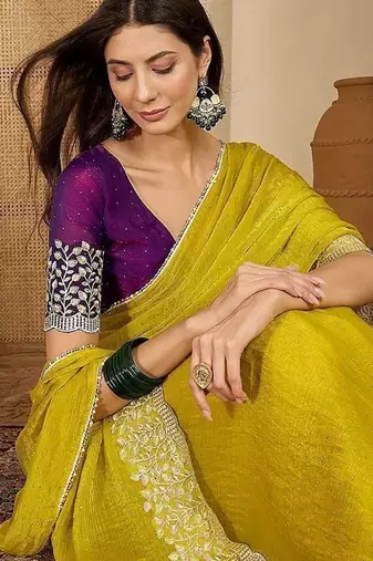 Yellow embellished embroidered poly chiffon heavy work saree