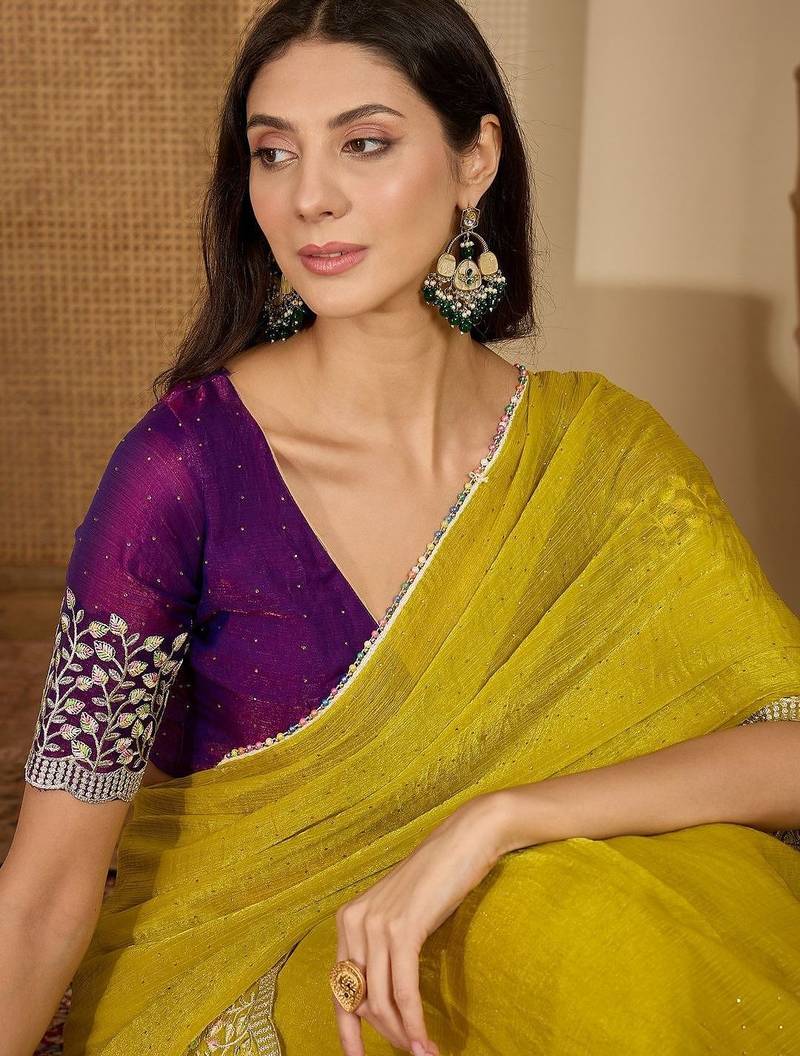 Yellow embellished embroidered poly chiffon heavy work saree