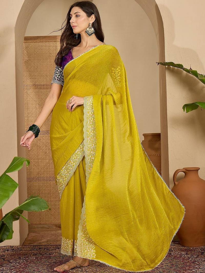 Yellow embellished embroidered poly chiffon heavy work saree