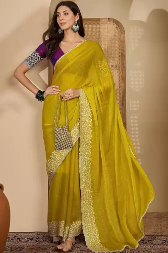 Yellow embellished embroidered poly chiffon heavy work saree