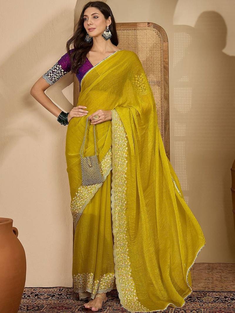 Yellow embellished embroidered poly chiffon heavy work saree