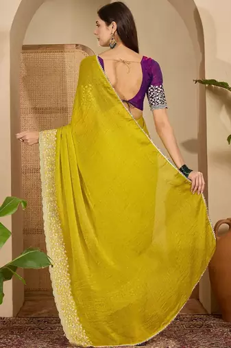 Yellow embellished embroidered poly chiffon heavy work saree