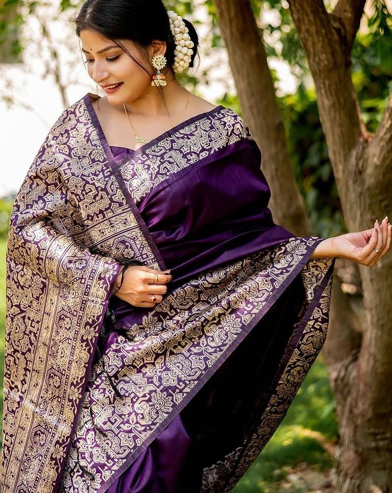 Purple ethnic motifs zari handloom bhagalpuri saree