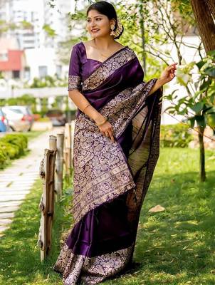 Purple ethnic motifs zari handloom bhagalpuri saree 3