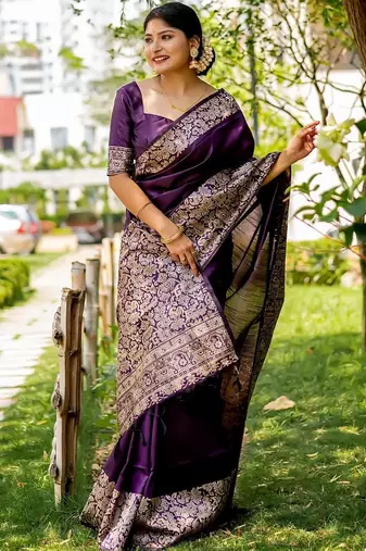 Purple ethnic motifs zari handloom bhagalpuri saree