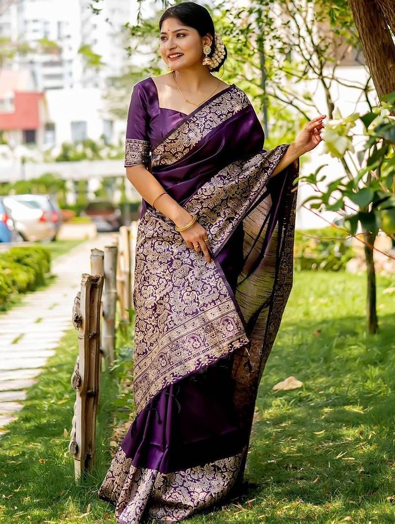 Purple ethnic motifs zari handloom bhagalpuri saree