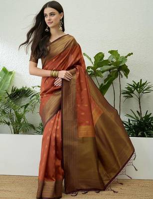Rust rust soft silk zari weaving contrast blouse piece & sarees 1