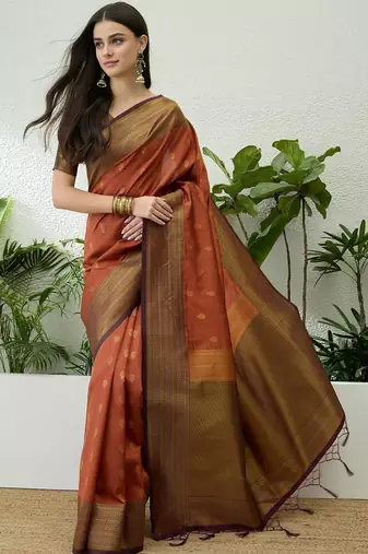 Rust rust soft silk zari weaving contrast blouse piece & sarees