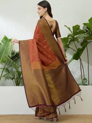 Rust rust soft silk zari weaving contrast blouse piece & sarees 2