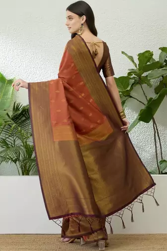 Rust rust soft silk zari weaving contrast blouse piece & sarees