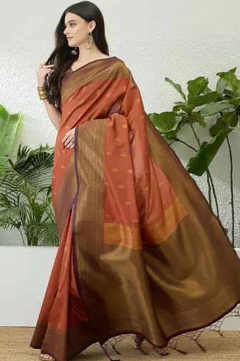 Rust rust soft silk zari weaving contrast blouse piece & sarees