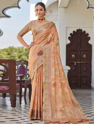 Peach woven design zari  saree 1