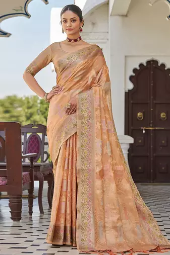 Peach woven design zari  saree