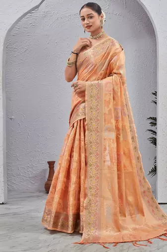 Peach woven design zari  saree