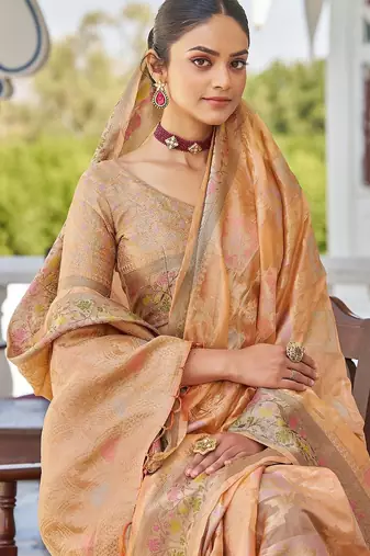 Peach woven design zari  saree