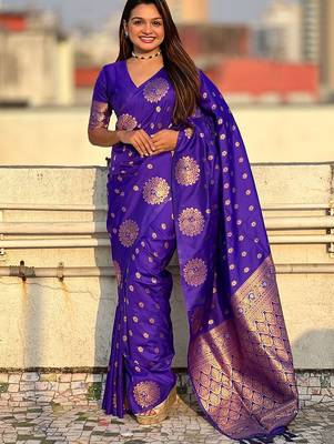 Violet woven design zari banarasi saree 1