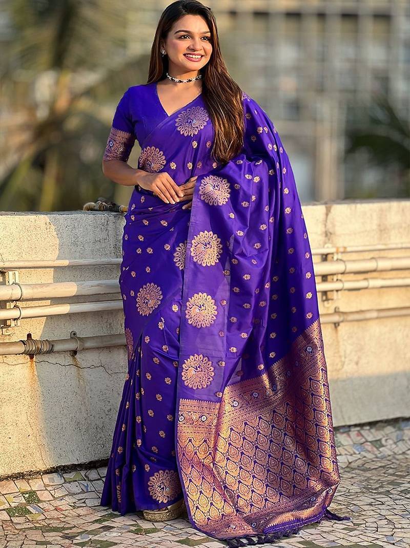 Violet woven design zari banarasi saree