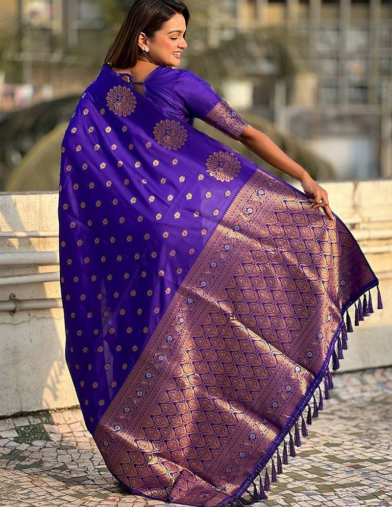 Violet woven design zari banarasi saree