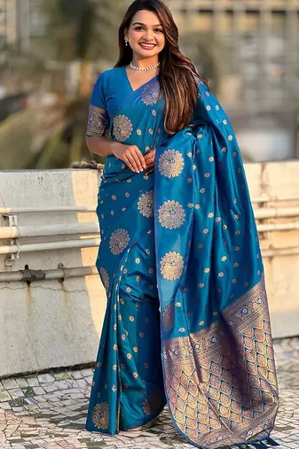 Blue women woven design zari banarasi saree