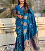 Blue women woven design zari banarasi saree