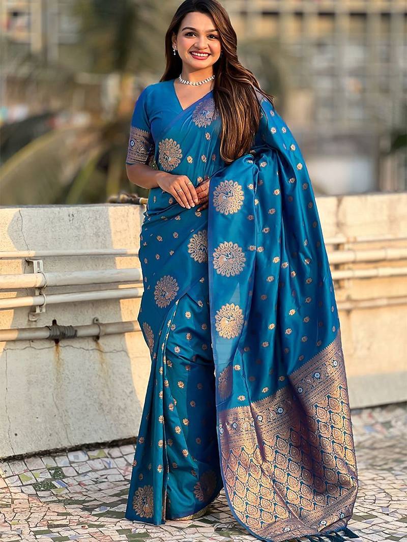 Blue women woven design zari banarasi saree