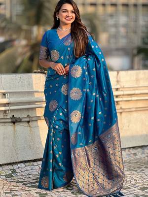 Blue women woven design zari banarasi saree 2