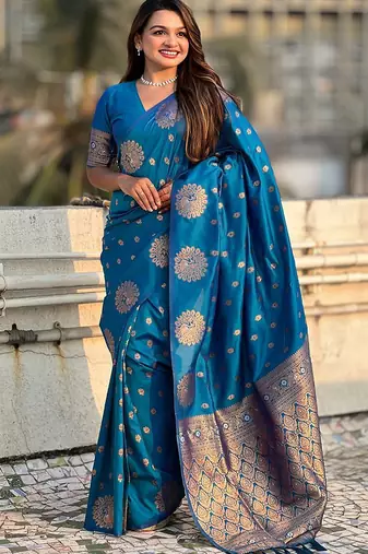 Blue women woven design zari banarasi saree