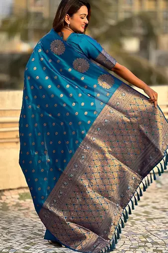 Blue women woven design zari banarasi saree