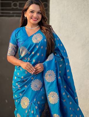 Blue women woven design zari banarasi saree 4