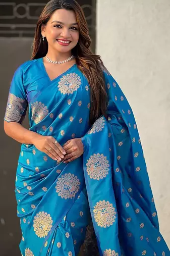 Blue women woven design zari banarasi saree