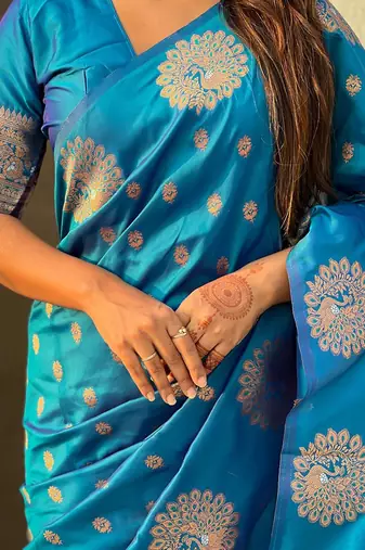 Blue women woven design zari banarasi saree
