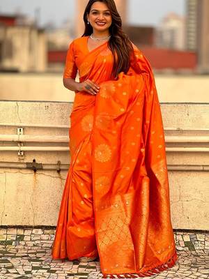 Orange ethnic motifs woven design zari banarasi saree 1