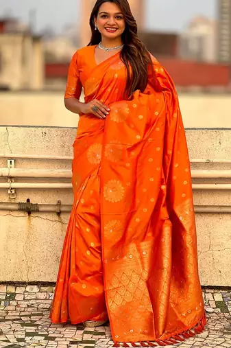 Orange ethnic motifs woven design zari banarasi saree