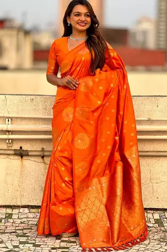 Orange ethnic motifs woven design zari banarasi saree