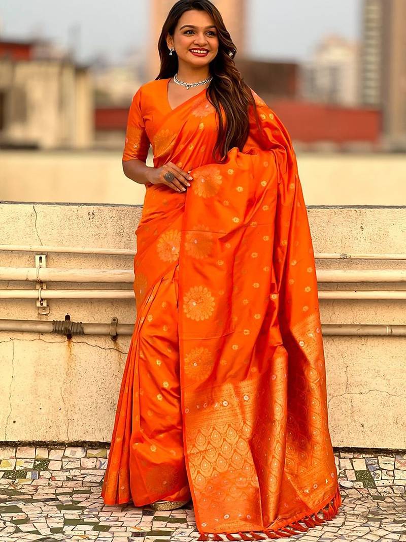 Orange ethnic motifs woven design zari banarasi saree