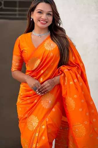 Orange ethnic motifs woven design zari banarasi saree
