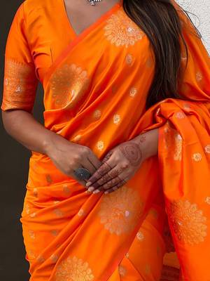 Orange ethnic motifs woven design zari banarasi saree 5