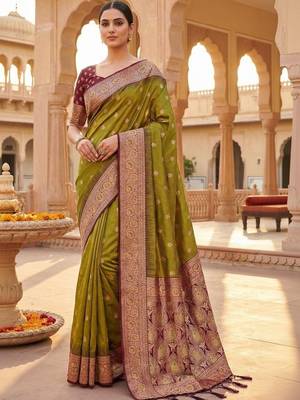 Olive woven design zari silk blend heavy work banarasi saree 1