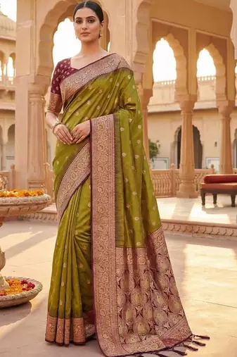 Olive woven design zari silk blend heavy work banarasi saree