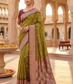Olive woven design zari silk blend heavy work banarasi saree