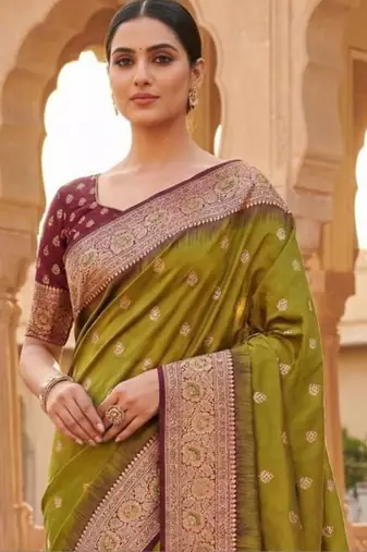 Olive woven design zari silk blend heavy work banarasi saree