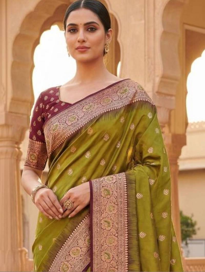 Olive woven design zari silk blend heavy work banarasi saree