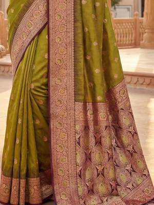 Olive woven design zari silk blend heavy work banarasi saree 3