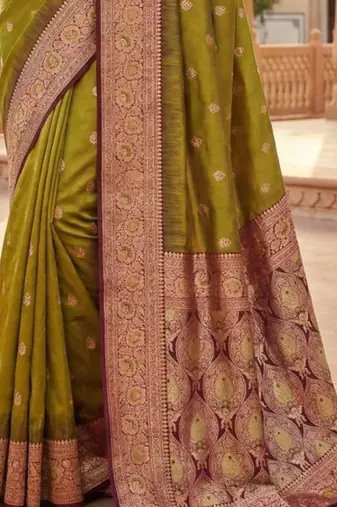 Olive woven design zari silk blend heavy work banarasi saree