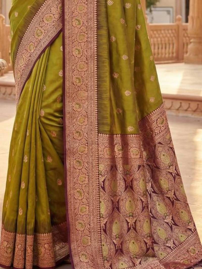 Olive woven design zari silk blend heavy work banarasi saree